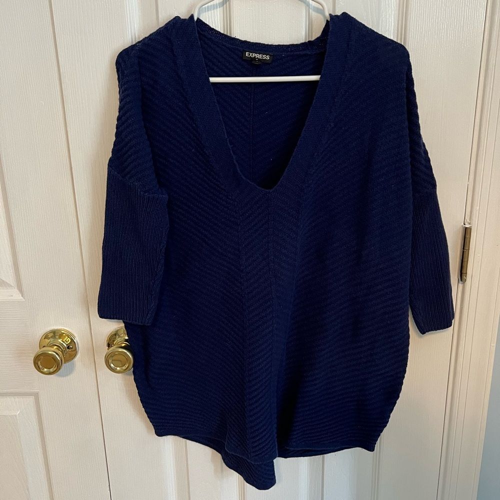 Express Womens Small Navy‎ Cotton V-Neck 1/4 Sleeve Sweater